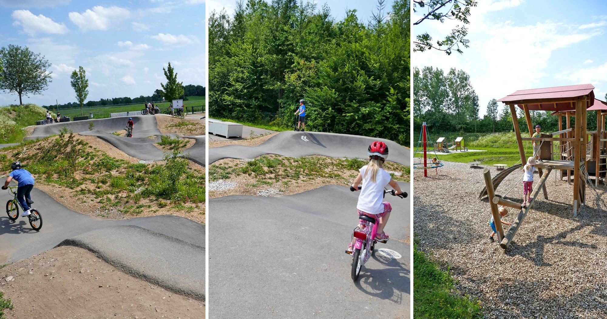 Der Pumptrack in Aschheim mit benachbartem Spielplatz: Fahrrad und